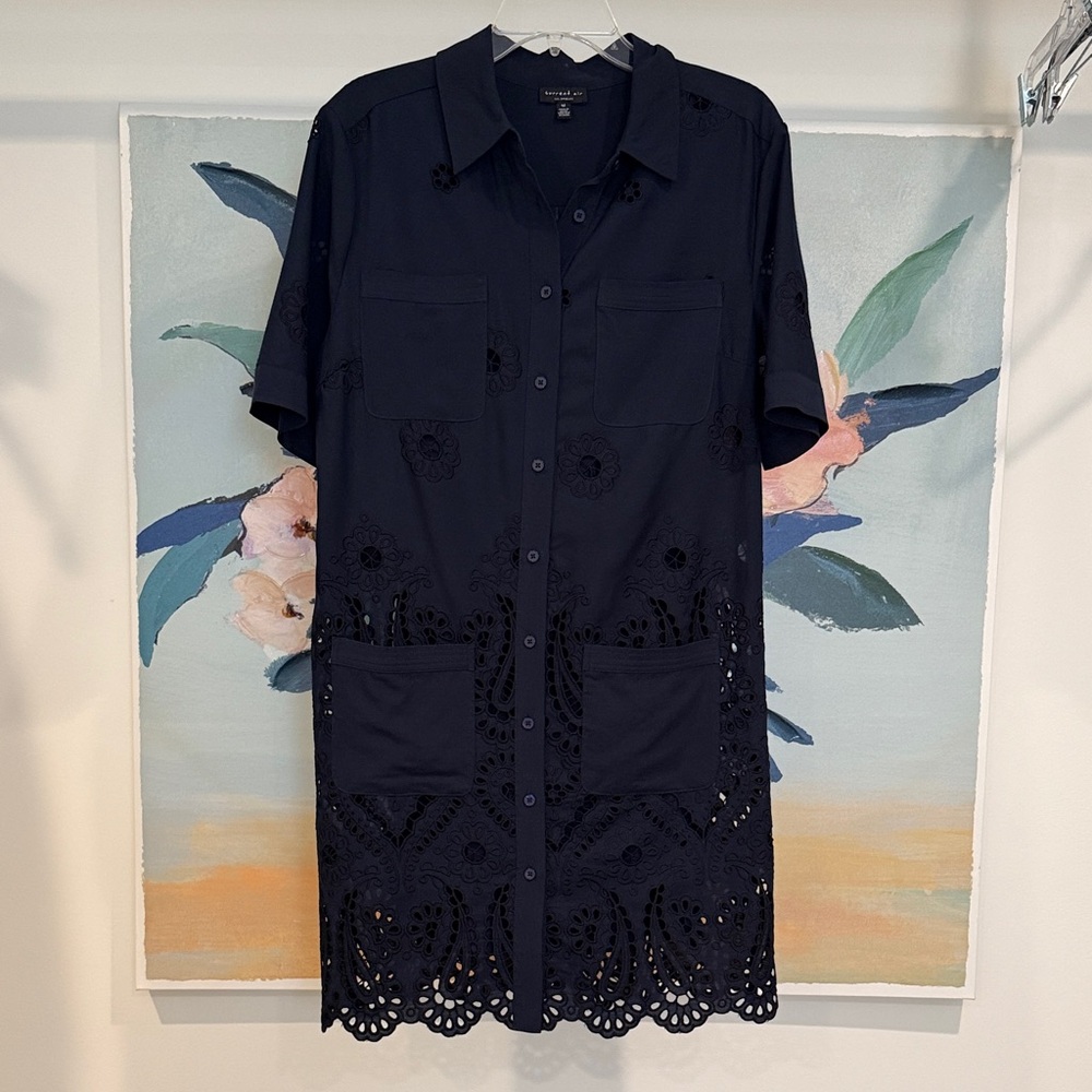 Navy Eyelet shirt dress with matching self-slip